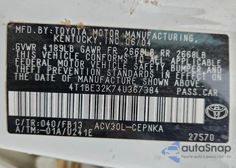 2004 Toyota Camry Le из США, поврежденный, VIN 4T1BE32K74U367384